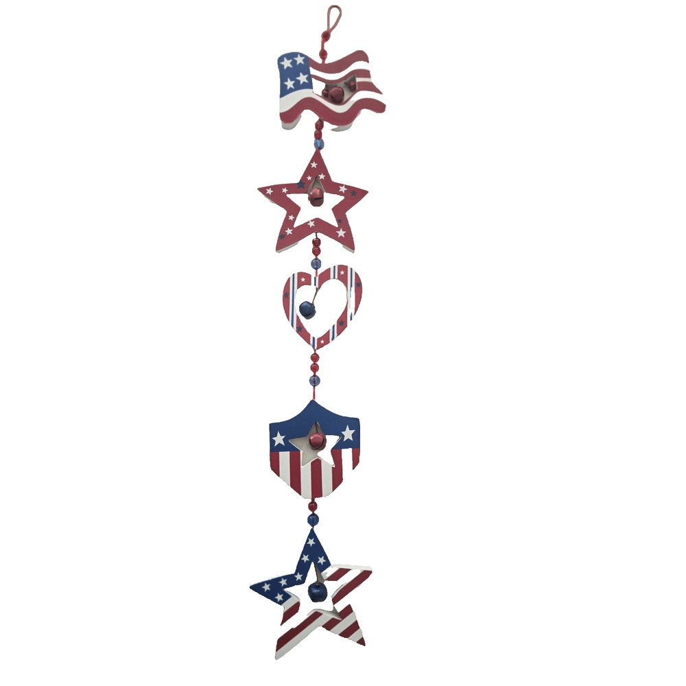 New 23" Long Wood Hanging Patriotic Decoration w/Bells Flags Stars & Heart